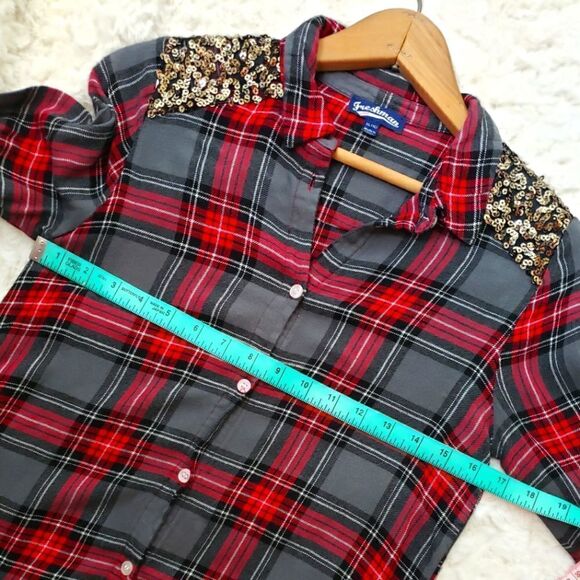 Freshman 1996 Plaid Button-Up Blouse W/ Sequin Bling Shoulders - Picture 9 of 9